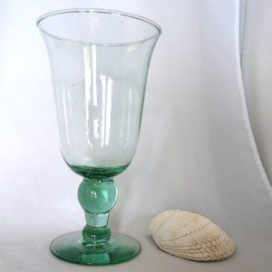 Light Spanish green hand blown water goblet 7" coastal